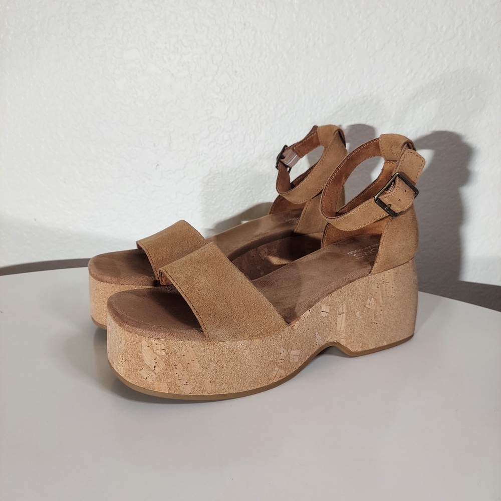 TOMS Laila Tan Suede Cork Platform Open Toe Ankle Strap Sandals WM Size US 9.5